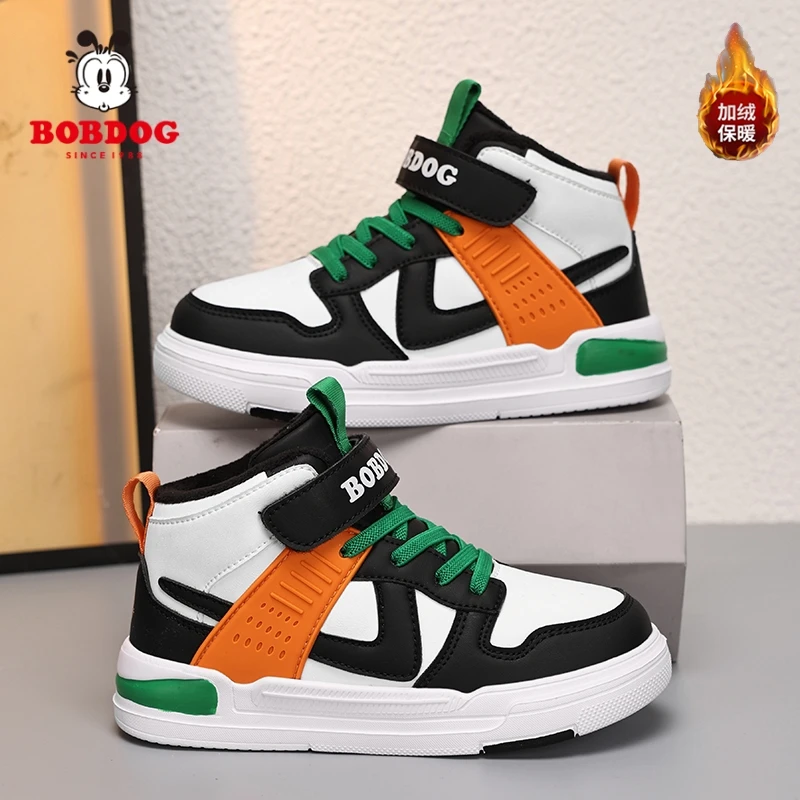 巴布豆儿童鞋中高帮皮面学生校园防水棉鞋拼接色百搭休闲运动棉鞋