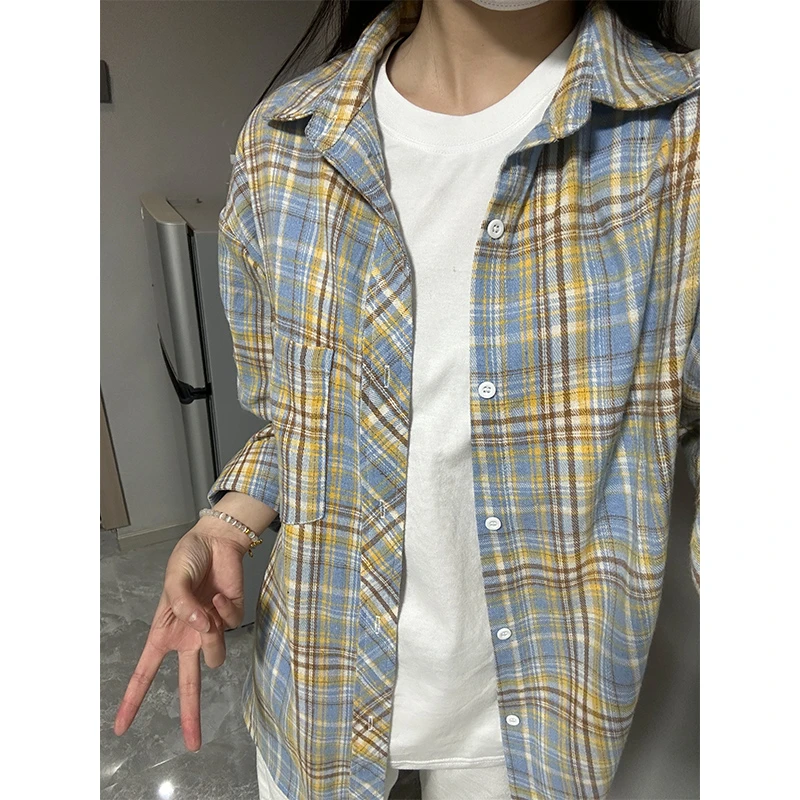 美式黄蓝格子衬衫夏季男款高级感格纹衬衣长袖休闲情侣寸衫外套潮