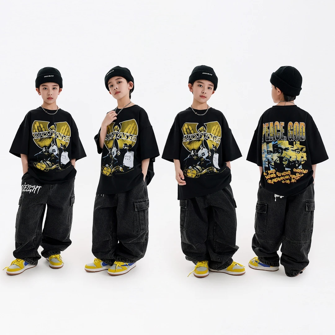 街舞服装潮牌儿童表演出服印花短袖少儿hiphop嘻哈男童街舞服套装