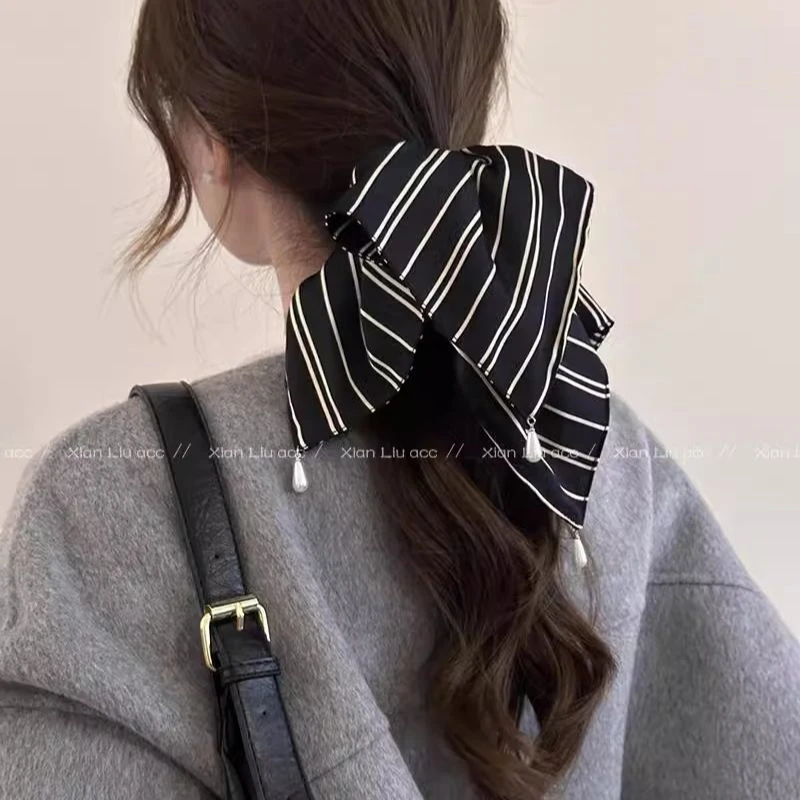条纹珍珠方巾大肠高级发圈发绳发饰头饰头发马尾头绳