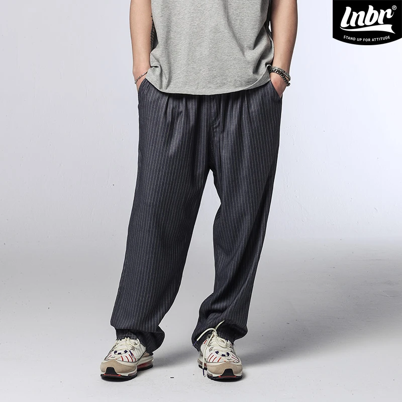 LNBR春夏新品灰色条纹弯刀版型西装裤阔腿垂感休闲裤时髦加大码