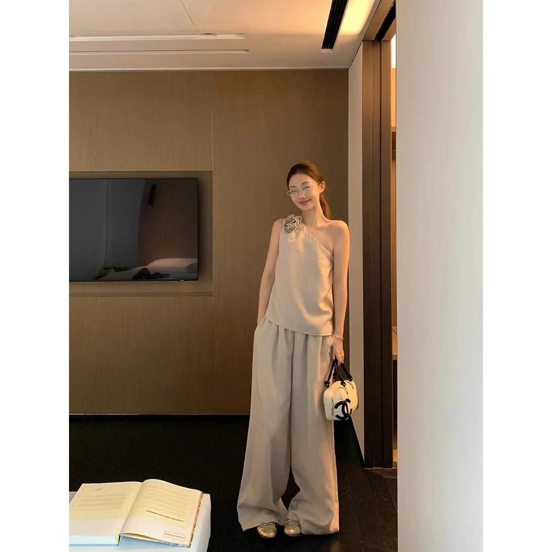 【薄荷可可】韩系套装女夏高级感斜肩无袖上衣小个子休闲长裤两件套