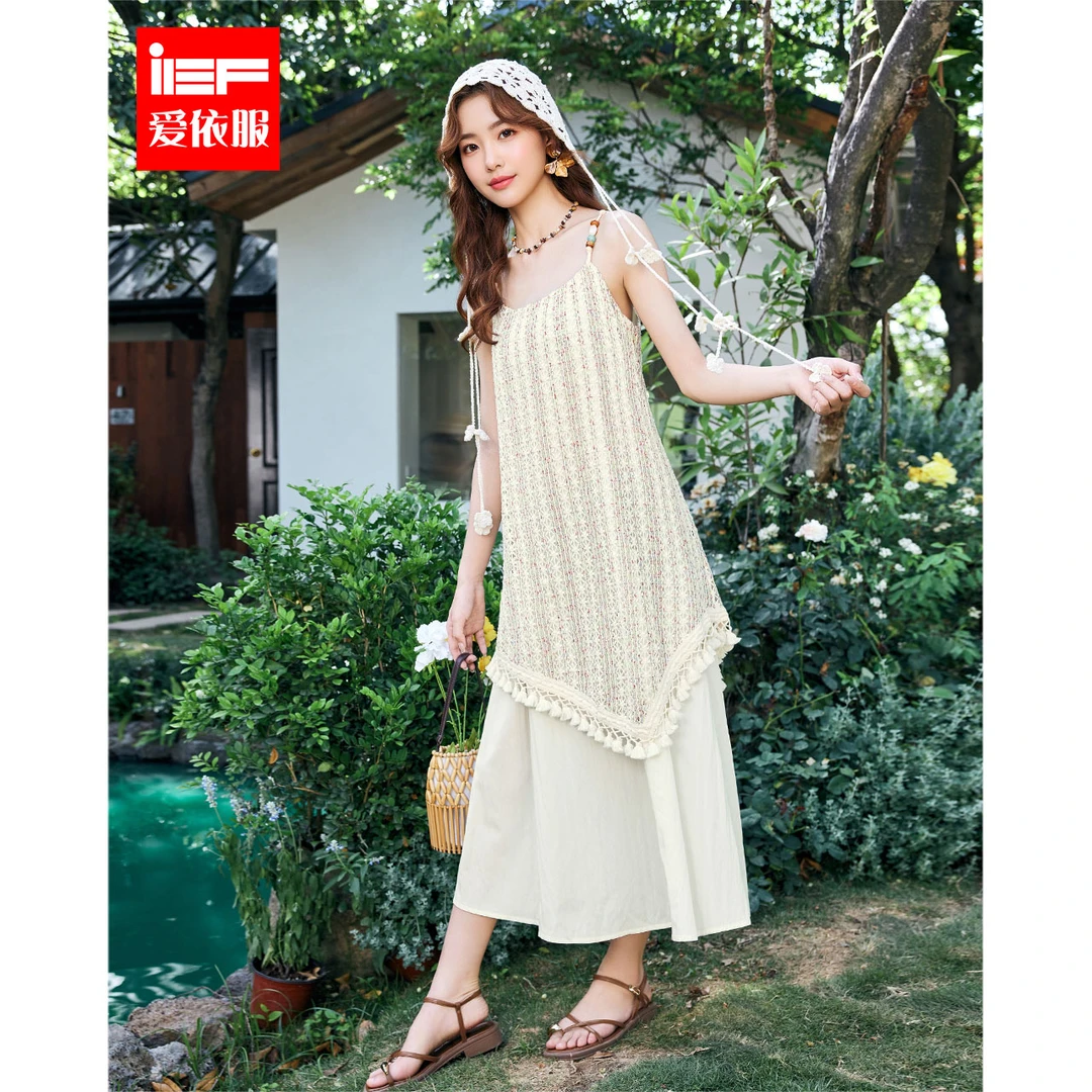IEF/爱依服2025新款夏季梭织波西米亚度假风时尚百搭吊带长裙~