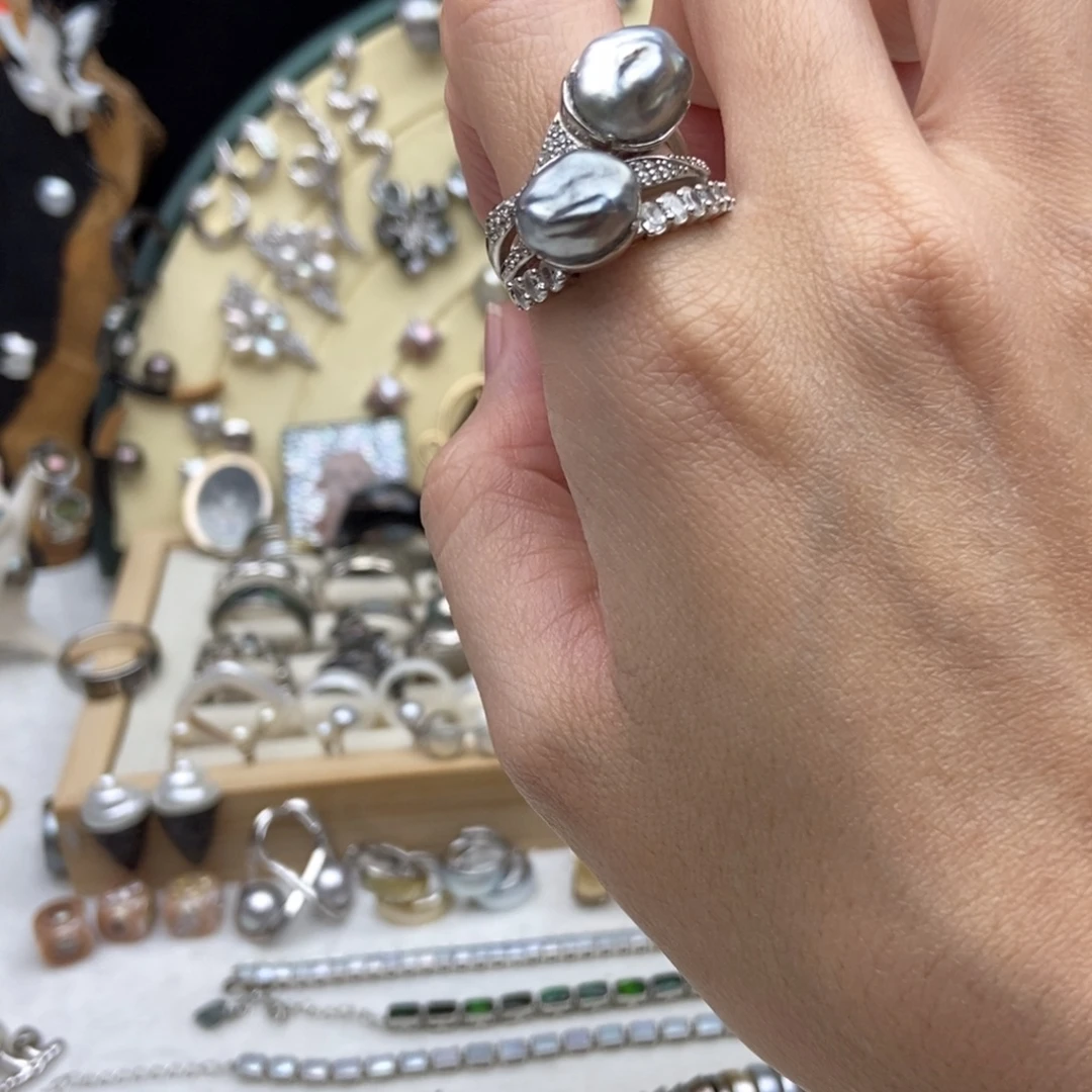 海水珍珠画框银S925镶嵌大溪地keshi戒指