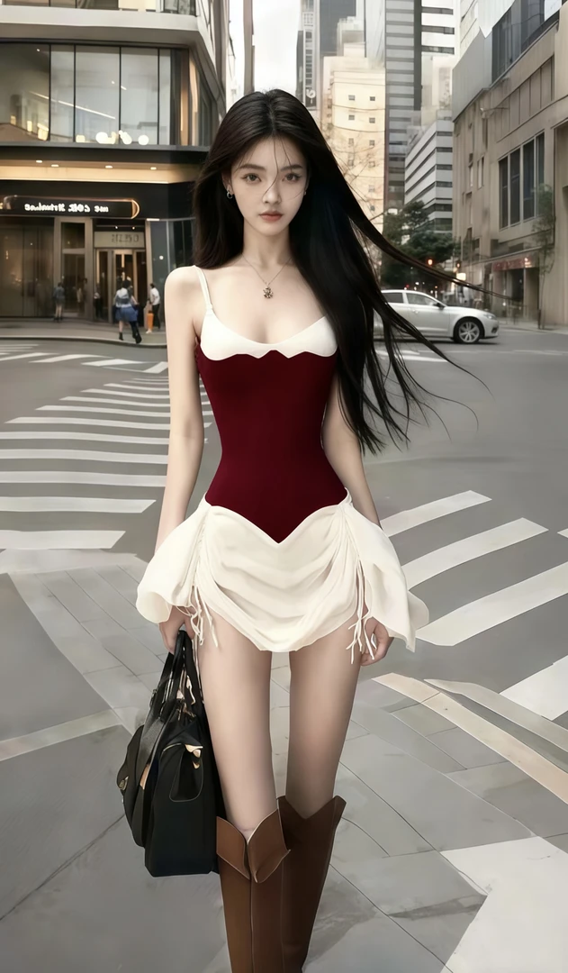 新款辣妹风酒红色U领吊带收腰连衣裙女别致设计感小众高级感穿搭