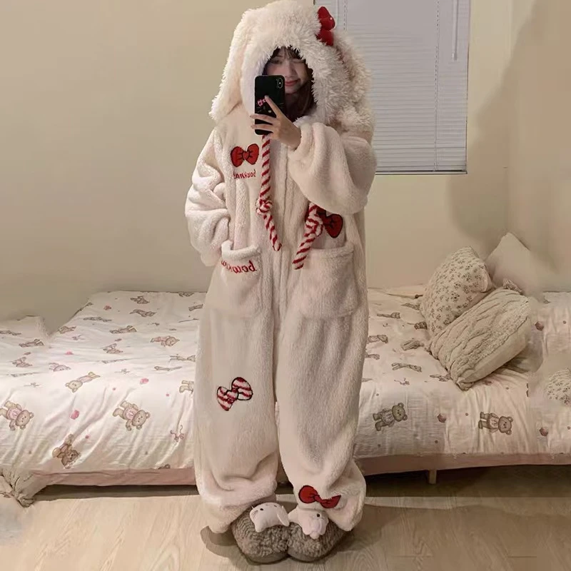 2025新款可爱卡通珊瑚绒连体睡衣女加厚保暖家居服秋冬季可外穿