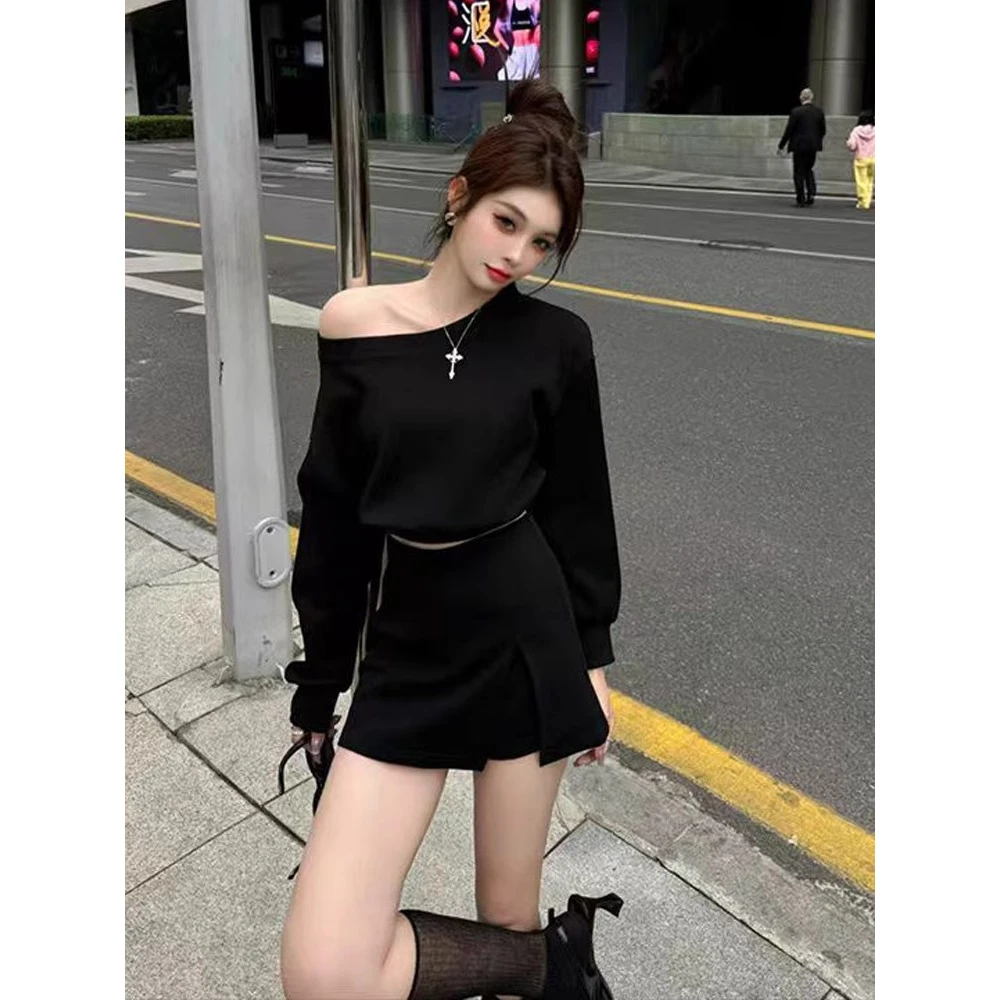 【时尚穿搭】一字肩长袖卫衣女春季新款高腰显瘦半身裙休闲运动套装