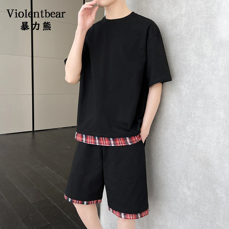 圆领休闲运动套装2025夏季薄款拼接撞色设计感短袖短裤潮牌两件套