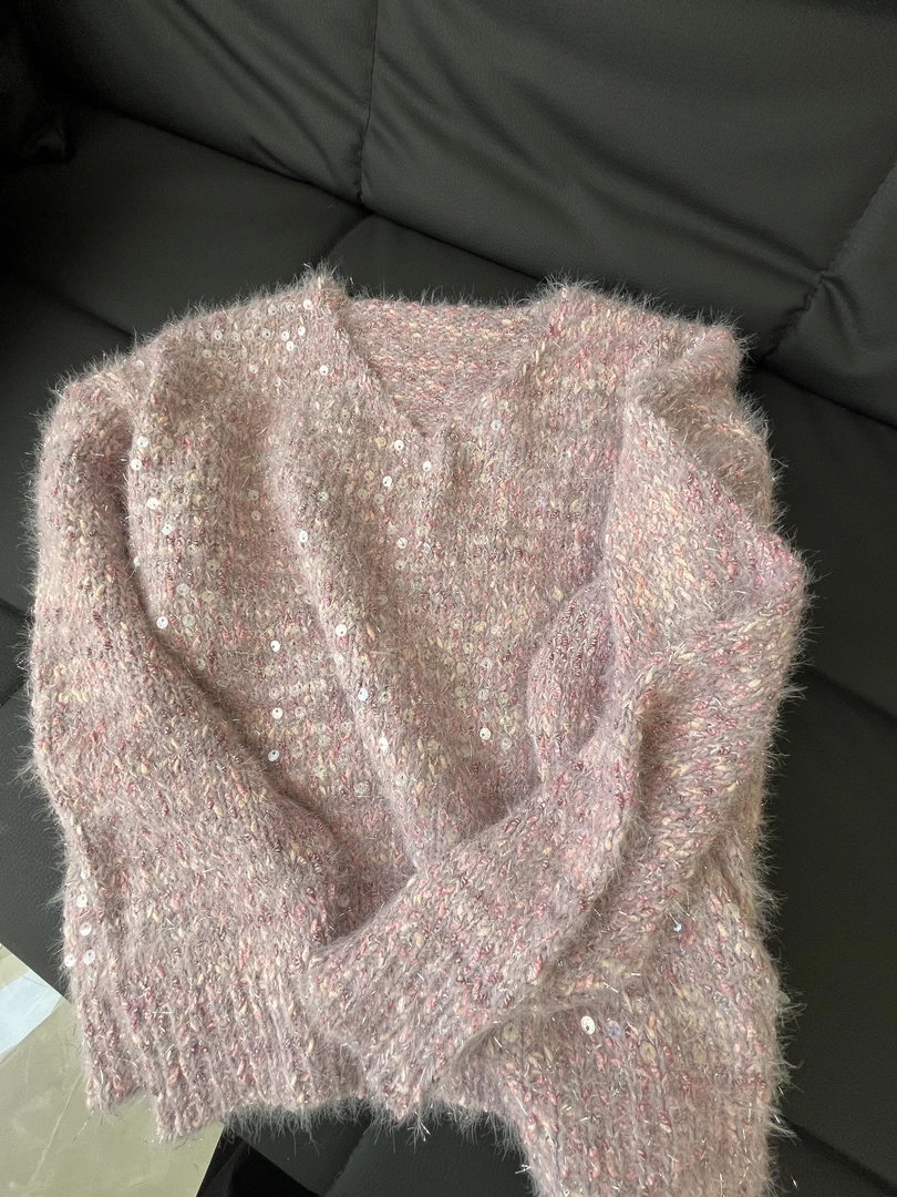 李园家1号店-75712-慵懒风亮片V领毛衣