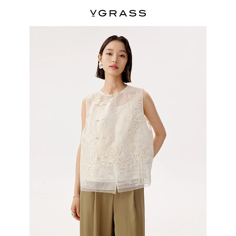 VGRASS重工刺绣中式琵琶襟无袖马甲25夏季新款国风上衣VSJ2Q2485A