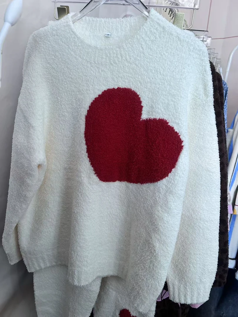 秋冬加厚软绵绵半边绒红色爱心家居服睡衣套装