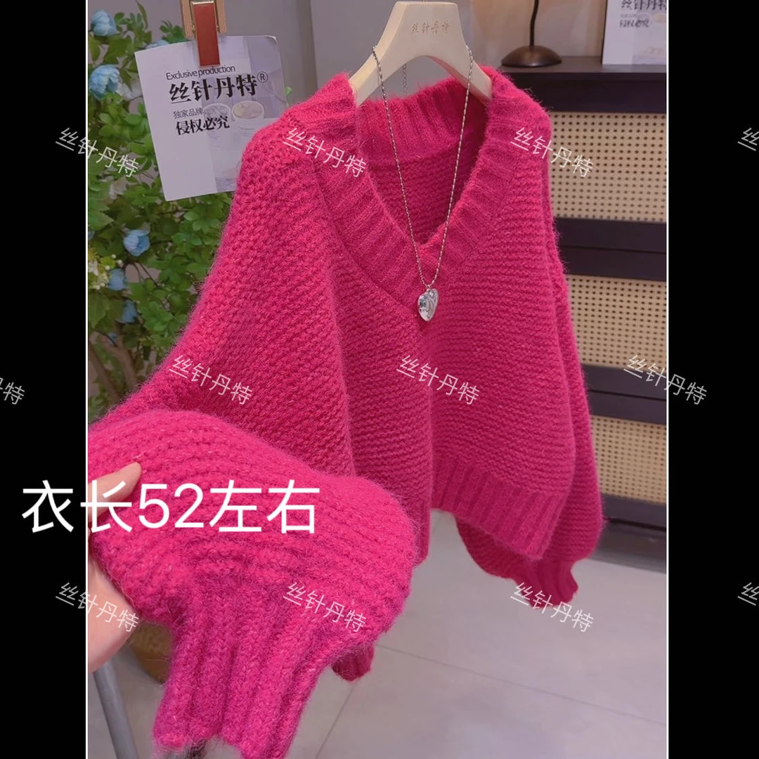 V领灯笼袖秋冬新款慵懒风毛衣女时尚高腰短款针织衫洋气上衣