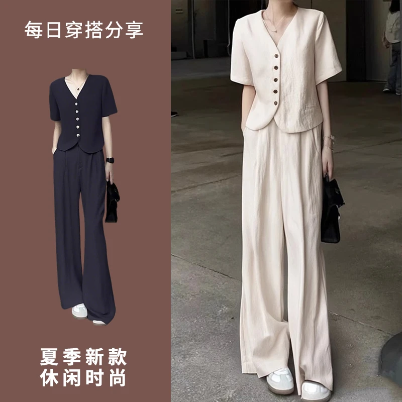 意式轻奢慵懒休闲透气休闲亚麻短袖西装外套高腰阔腿裤两件套装女