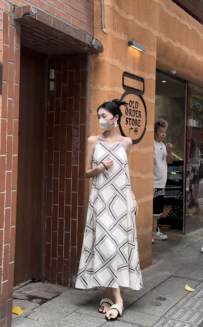 MLSD 棉麻格子设计清新气质A字绑带连衣裙