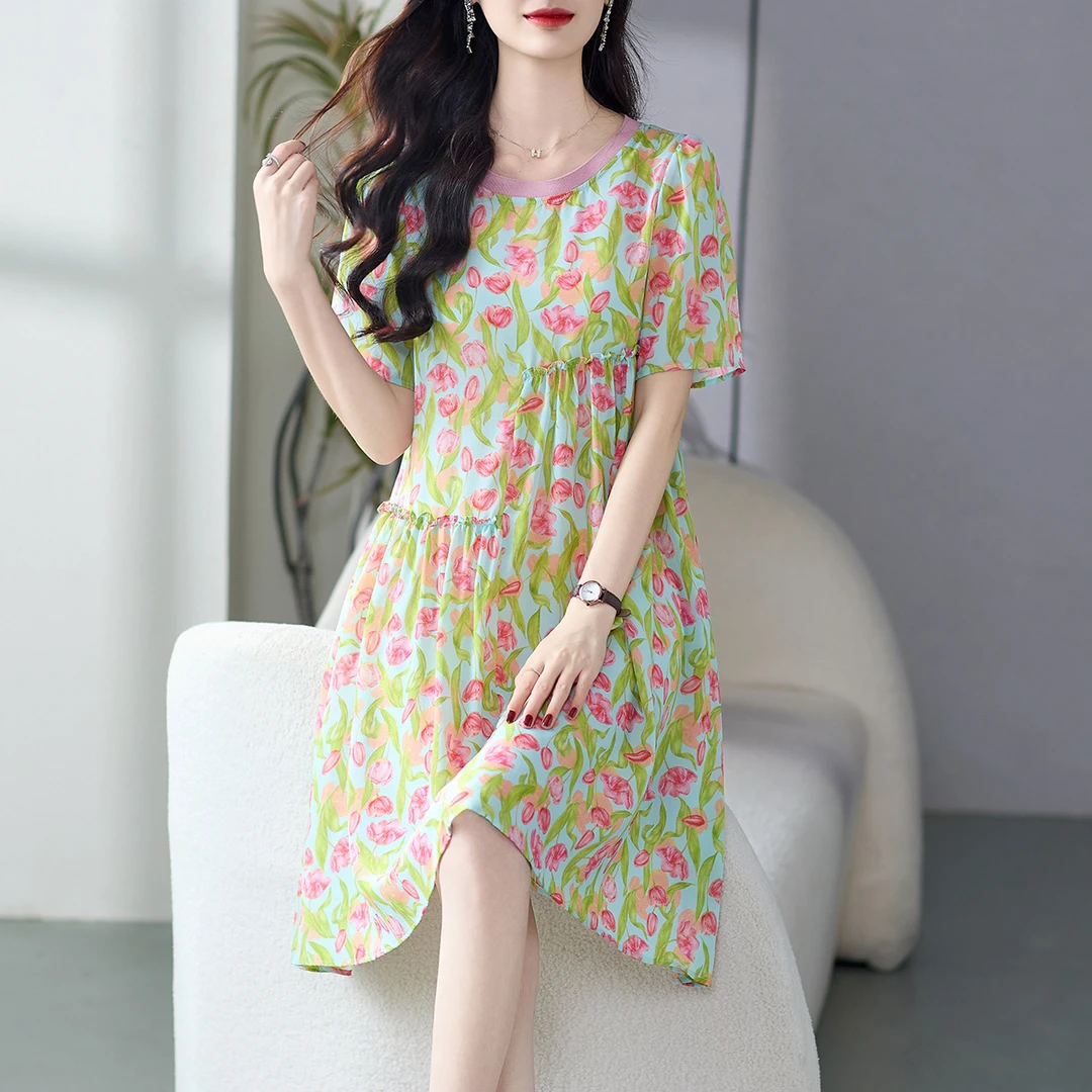 W.WANG夏季新款桑蚕印花连衣裙大码女装 裙子女夏连衣裙