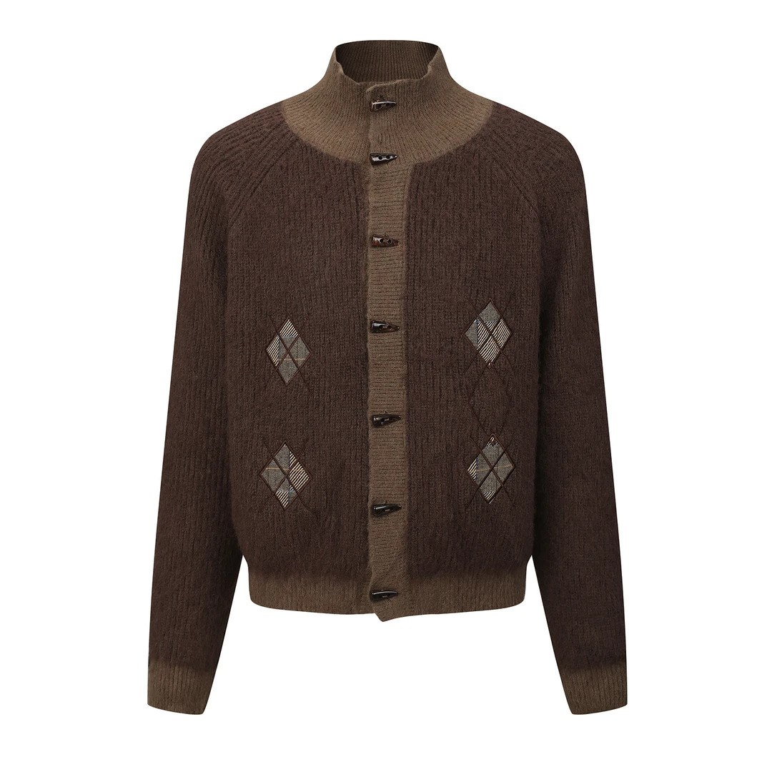 OPENFLY*复古菱格立领牛角扣刺绣毛针织开衫外套慵懒感长袖上衣