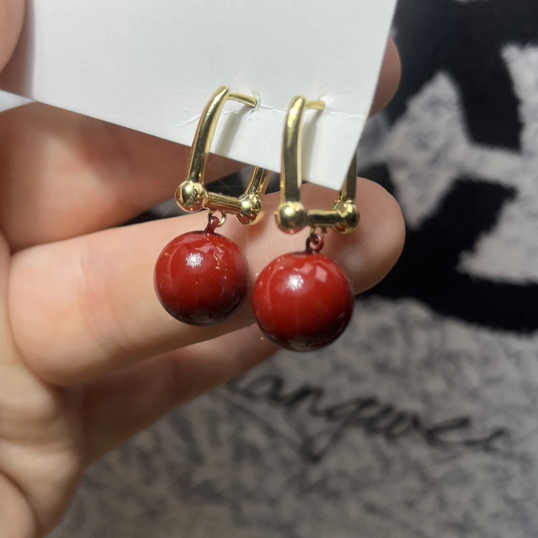 合金耳饰 527号红色相思豆香风轻奢气质耳钉耳环吊坠耳圈时尚金色
