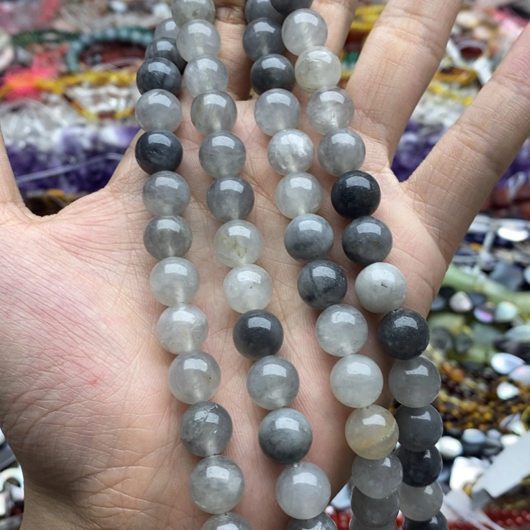 玛瑙/玉髓未镶嵌珠宝半成品一条天然10mm灰水晶圆珠S07