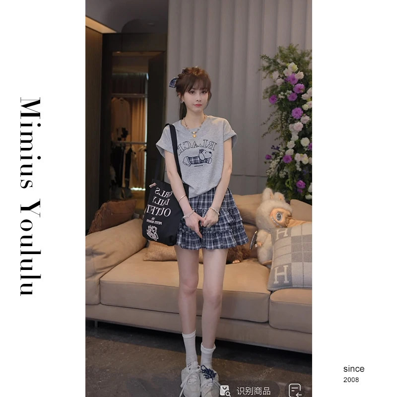 【mimius】琳琳 韩系可爱小狗短袖T恤+格纹裙裤+发圈 G04188