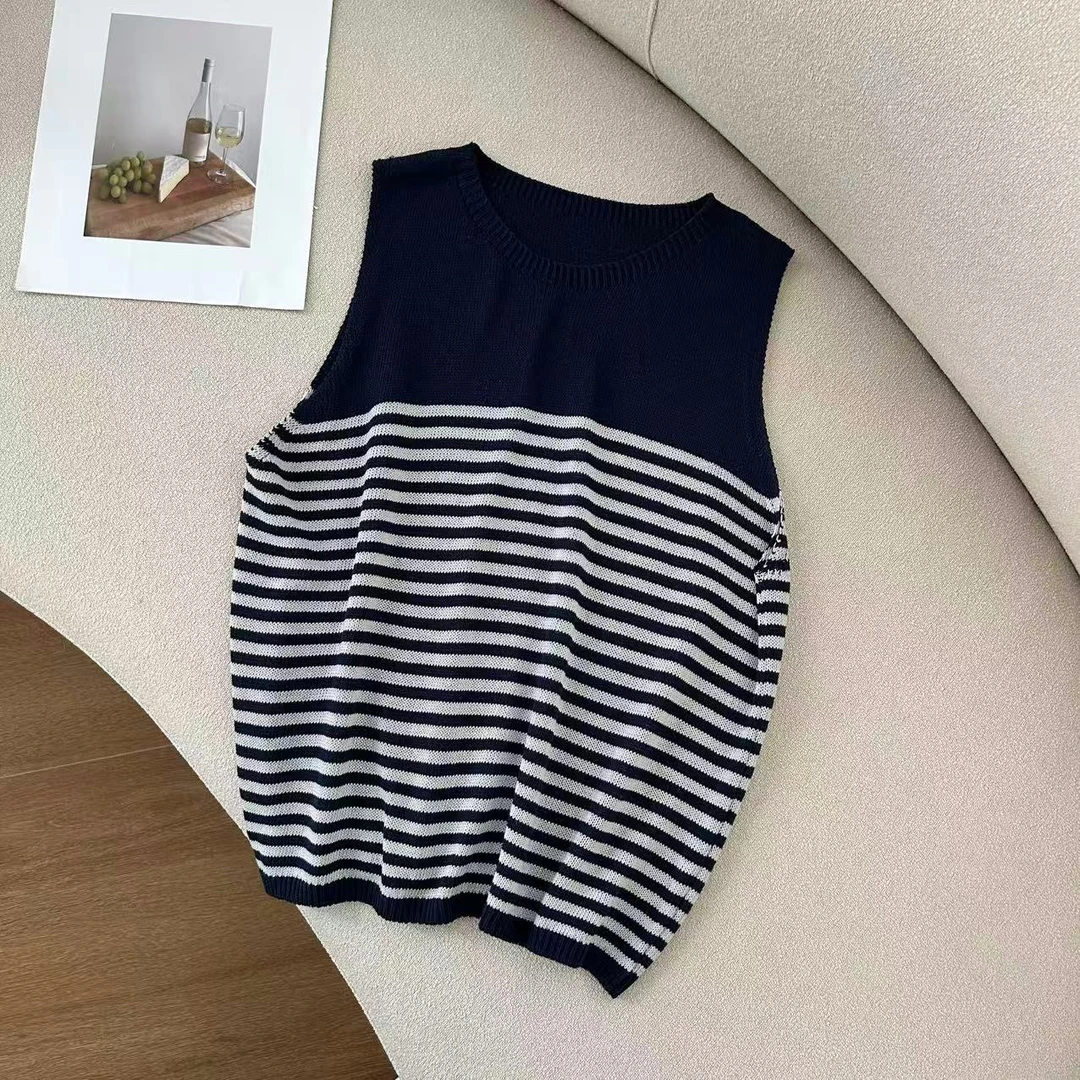 【简谱】圆领夏季撞色条纹无袖宽松背心针织衫~P870A小静折扣