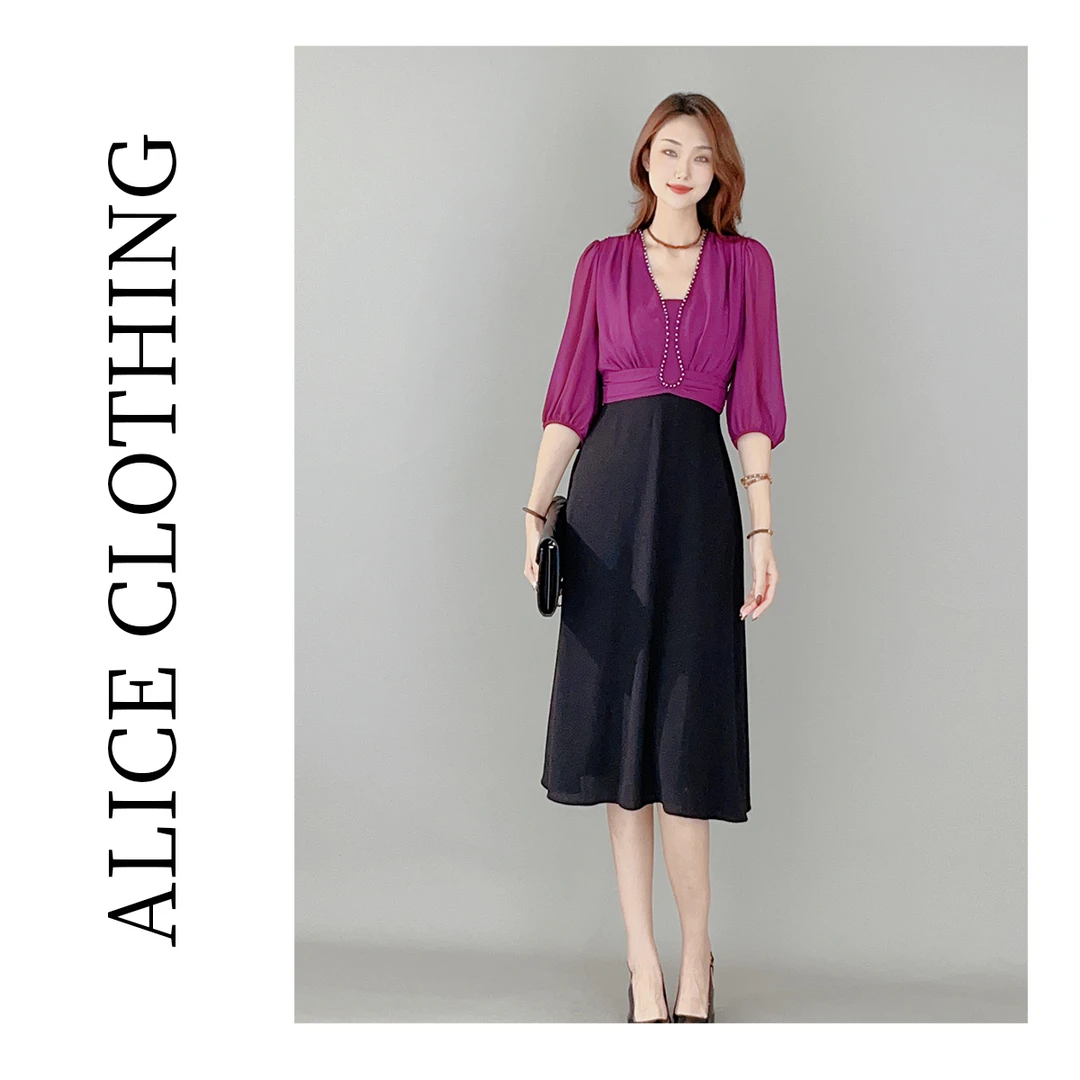 3 ALICE “葡萄紫”连衣裙 璀璨钉钻 显瘦褶皱 S1033606W