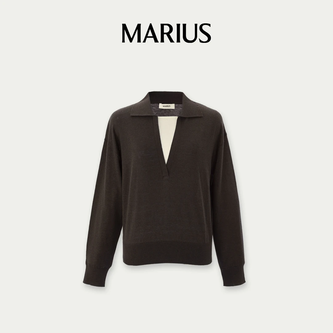 MARIUS’学者衫‘老钱风假两件撞色翻领套衫