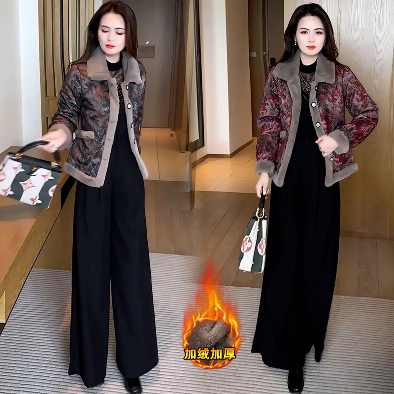 加绒加厚印花毛呢外套女2024冬季新款洋气显瘦小个子保暖棉袄外套