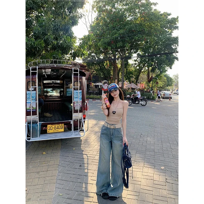 美式炸街复古吊带背心上衣女夏季新款直筒宽松垂感拖地牛仔长裤子