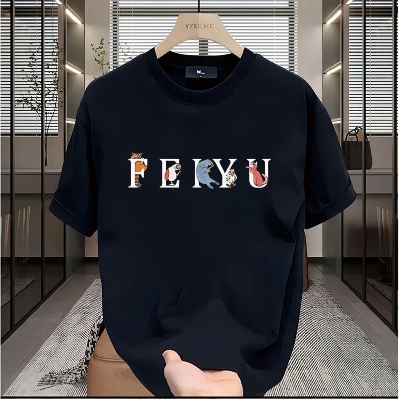 雅鹿男装纯棉t恤新款印花宽松纯棉半袖宽松衣服短袖t恤2025纯棉短