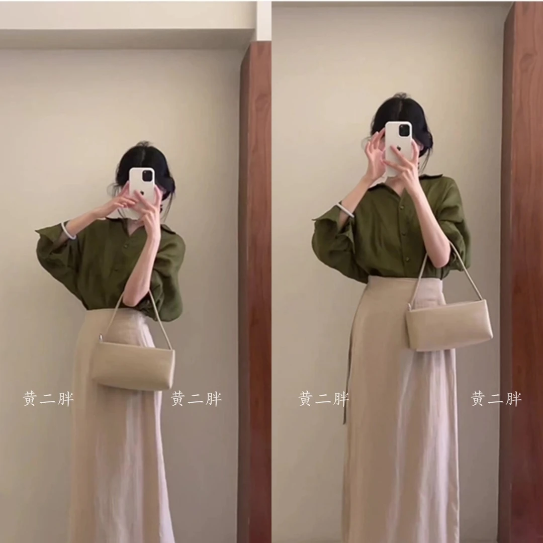 法式宽松简约时尚高级感衬衫休闲百搭轻熟风别致上衣女长裙套装