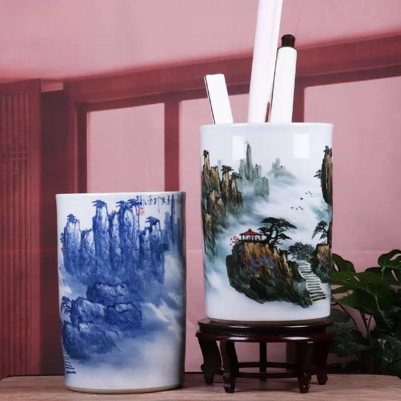 书画缸卷轴字画桶客厅书房装饰插花筒景德镇陶瓷书画花瓶摆件手绘