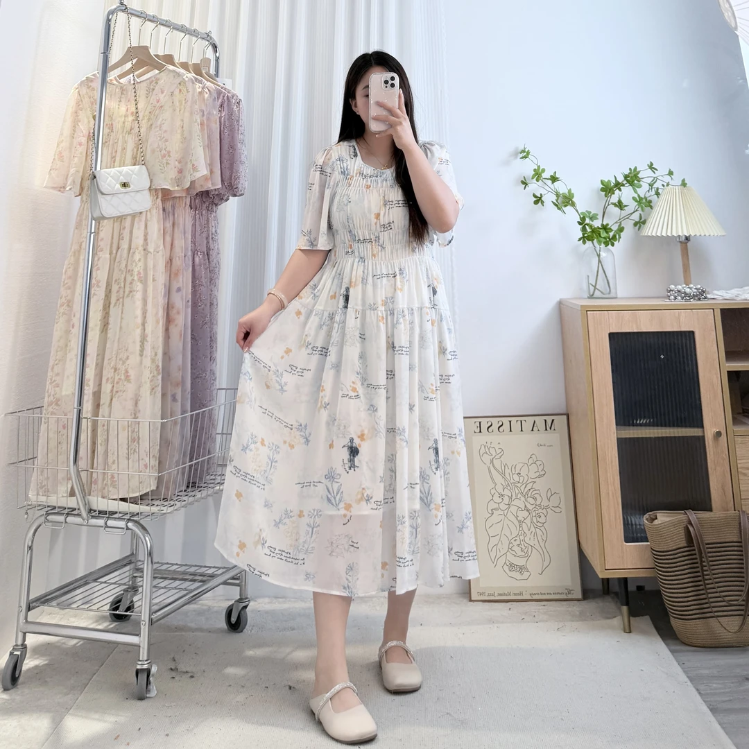 清纯气质【白雪公主】凉爽亲肤冰丝皱显白大码女装高腰显瘦连衣裙