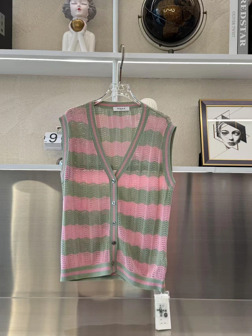 DEGAIA上衣 ｜『鑫鑫专属』宽松彩色条纹撞色镂空针织马甲160261