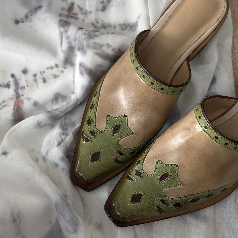 包头拖包头通勤花卉高跟异型跟粗跟中跟日常手工鞋真皮底