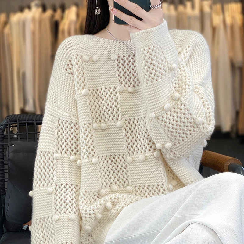 【GUZAI.JIA】重工系列~重磅加厚圆领套头针织100%羊毛衫女镂空打底