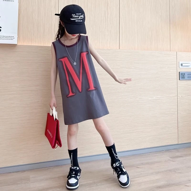 女童洋气夏装2025夏季新款无袖背心连衣裙中长款T恤裙子休闲运动