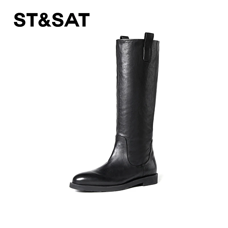 植鞣小牛皮骑士靴2024秋季新款咖色高筒轻奢圆头长筒靴