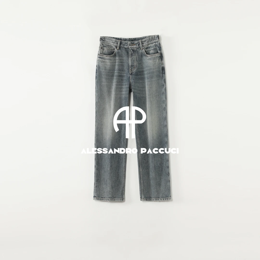 AP洛哥53105NK棉加绒脚口磨破设计小直筒复古时尚休闲牛仔长裤