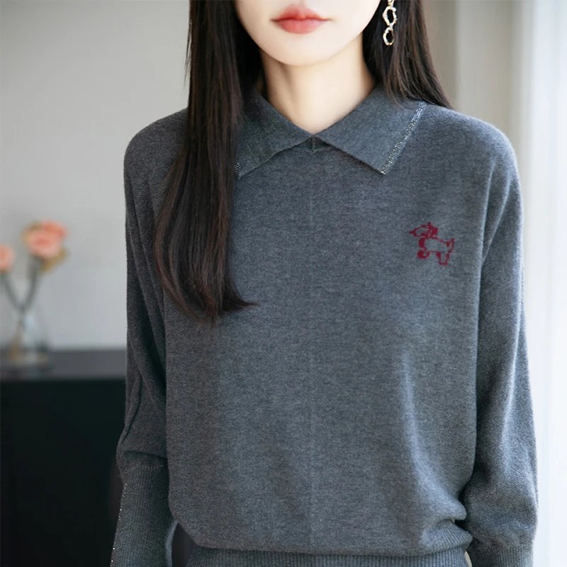 哥弟阿玛施正品2025秋季新款polo领刺绣羊毛针织衫女宽松显瘦百搭