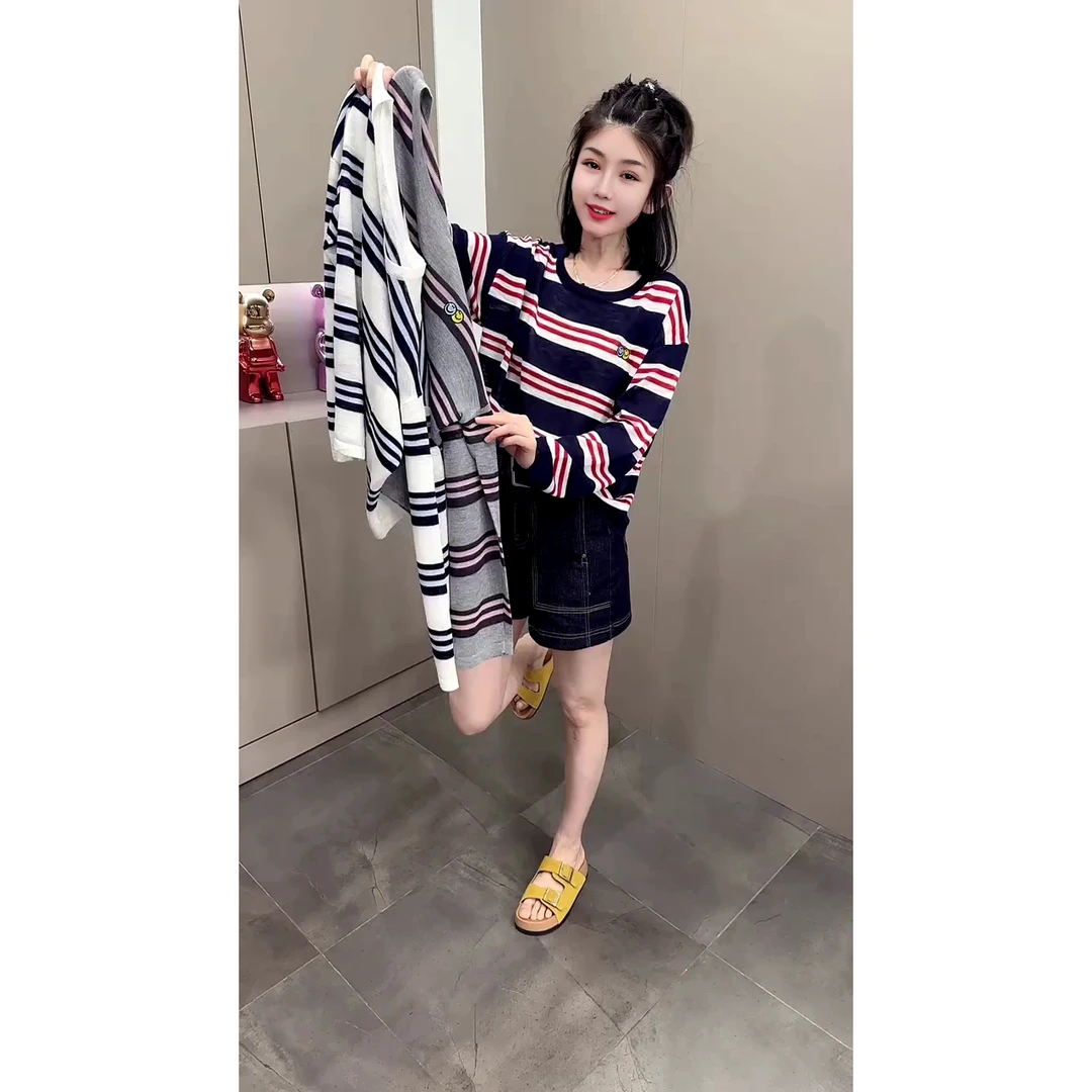 韩系慵懒风刺绣笑脸撞色条纹针织衫宽松百搭防晒罩衫上衣