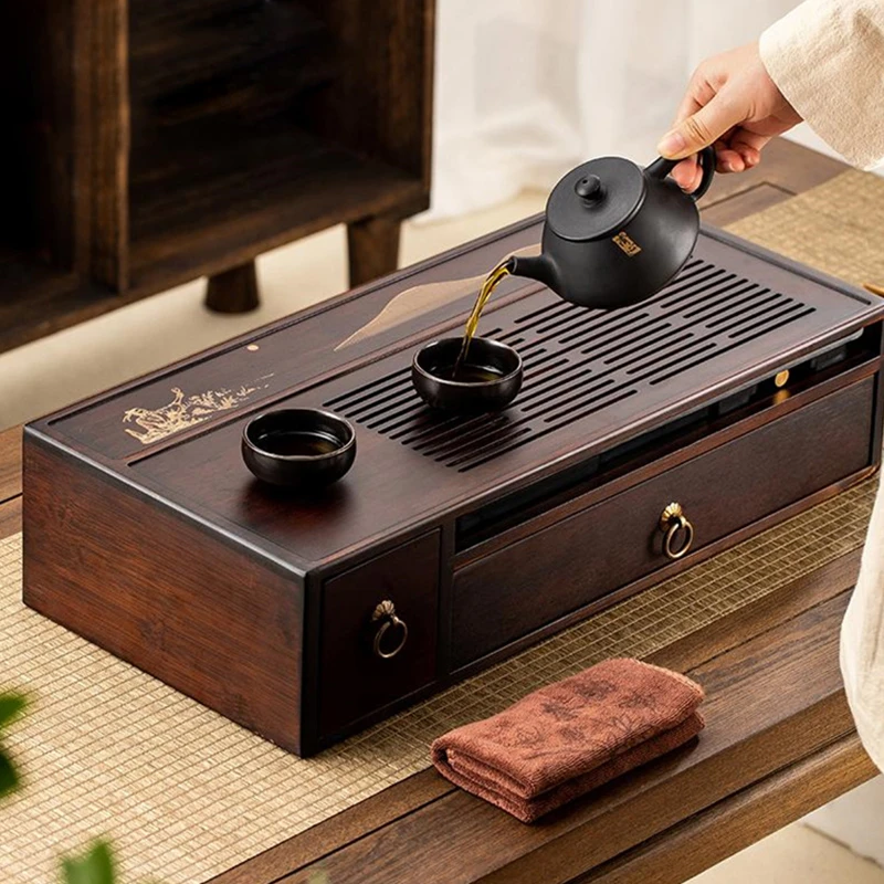 清风收纳盒多功能收纳茶盘胡桃色蓄水排水茶台茶海家用轻奢干泡台