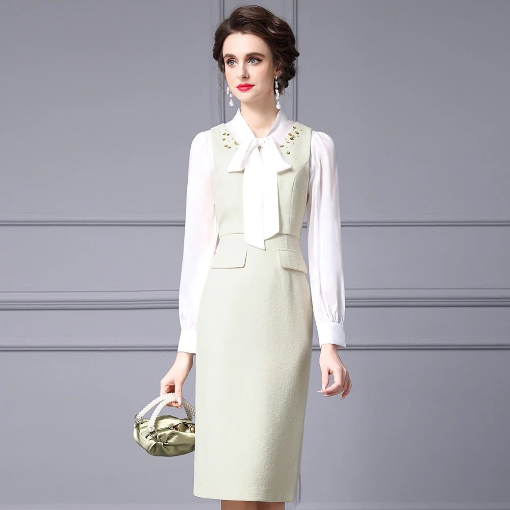 枝荔法式漂亮独特连衣裙2025新款秋装假两件显瘦泡泡袖白衬衫裙子