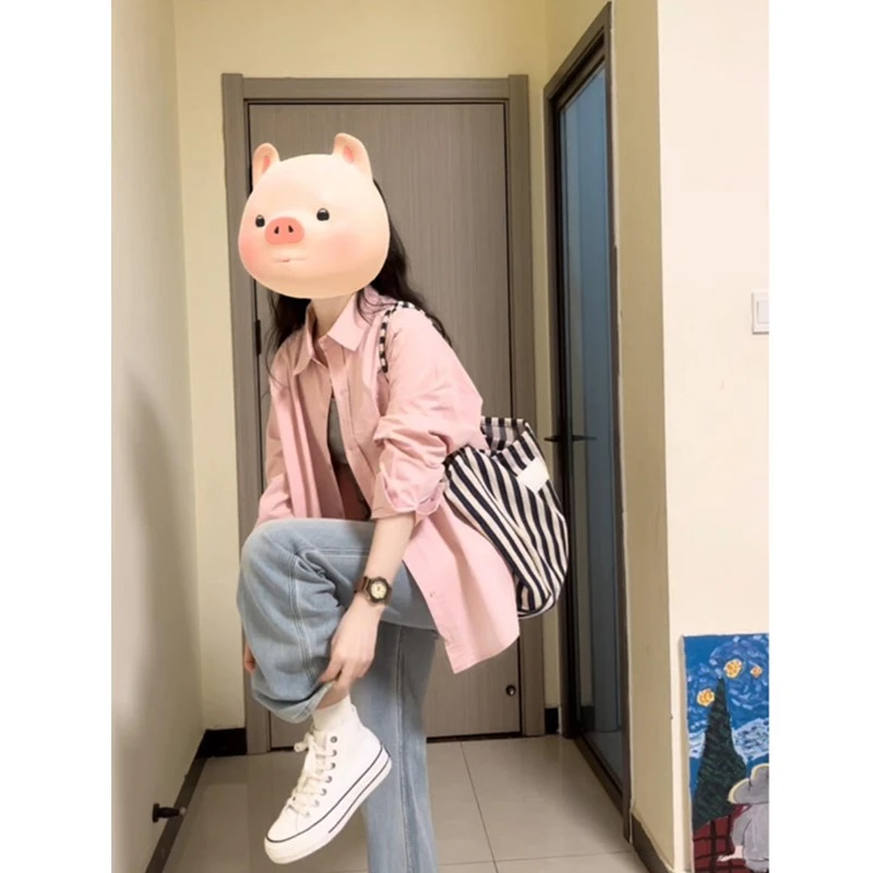 粉色纯色长袖衬衫外套女春季2025宽松慵懒上衣法式小个子防晒衬衣