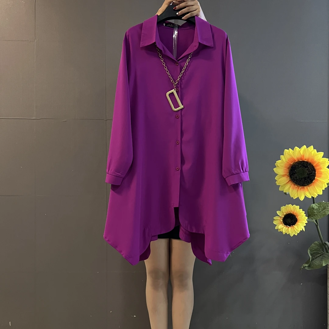 春季新款大码女装翻领长袖宽松显瘦不等式衬衫裙