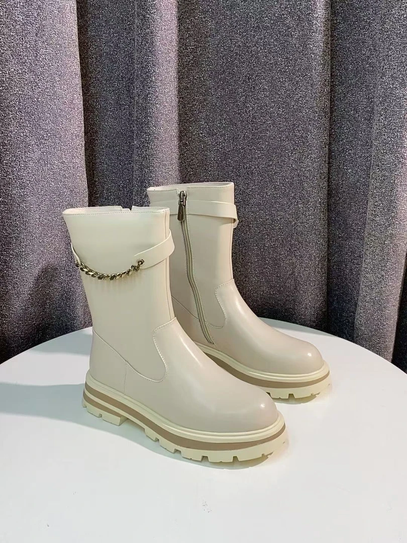 C1921  米色绒里   时尚粗跟圆头真皮中筒靴 骑士靴