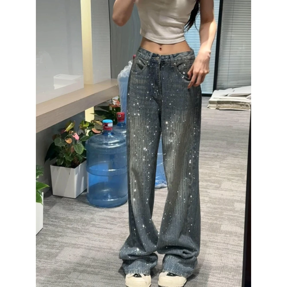 美式复古设计感烫钻牛仔裤女2025秋满天星重工辣妹爆闪拖地长裤子