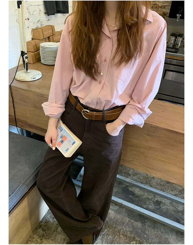 甜粿妹妹通勤百搭纯色衬衫法式经典款气质长袖上衣女粉色套装