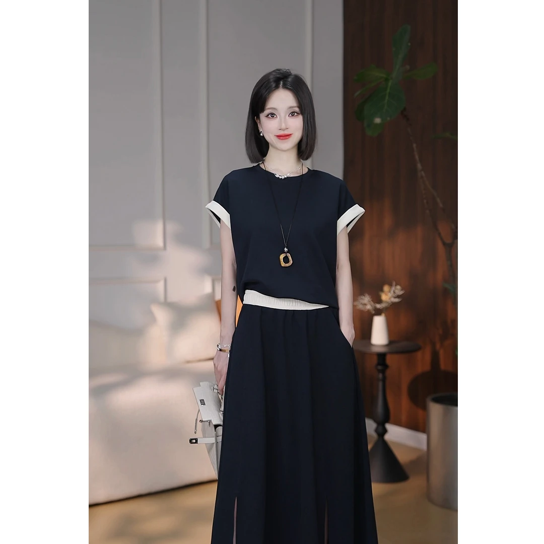 气质百搭撞色圆领短袖上衣+半裙套装SS26149