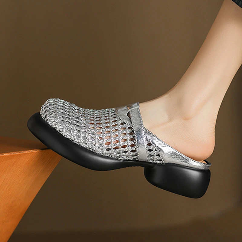 真皮半拖轻奢百搭小众鞋子新款法式镂空厚底编织包头拖鞋女鞋外穿