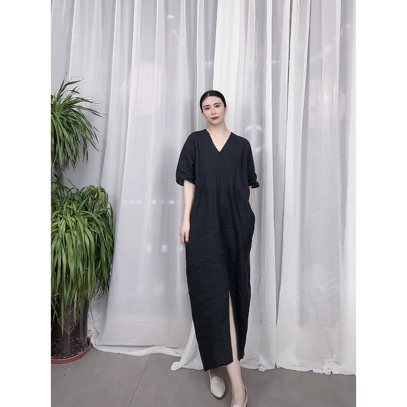 【江南韵】汉麻女夏慵懒风气质休闲宽松显瘦口袋长裙 MXQ 050